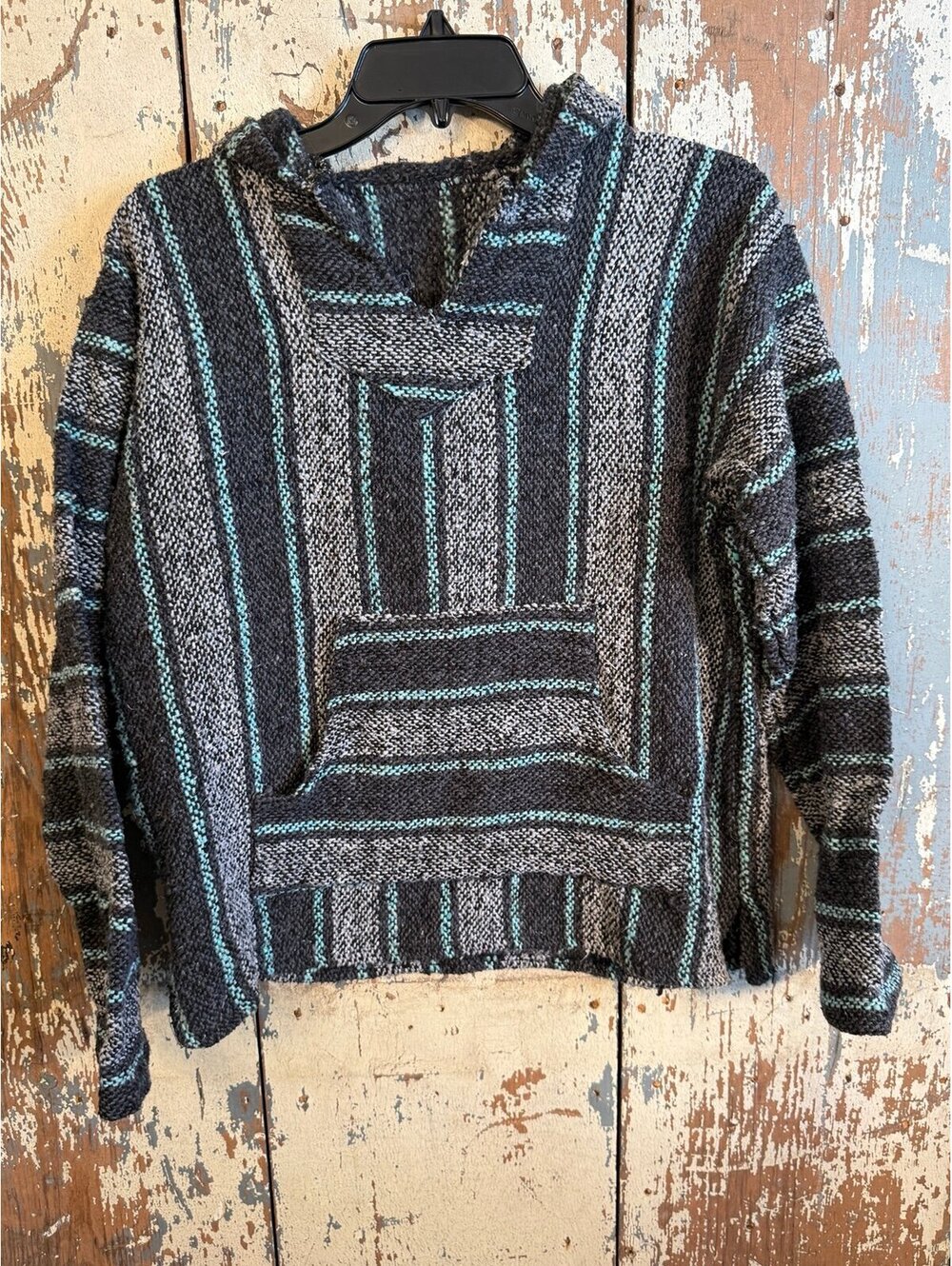 Baja Hoodie Gray Blue Drug Rug Hippie Pullover Medium Made in Mexico Vintage